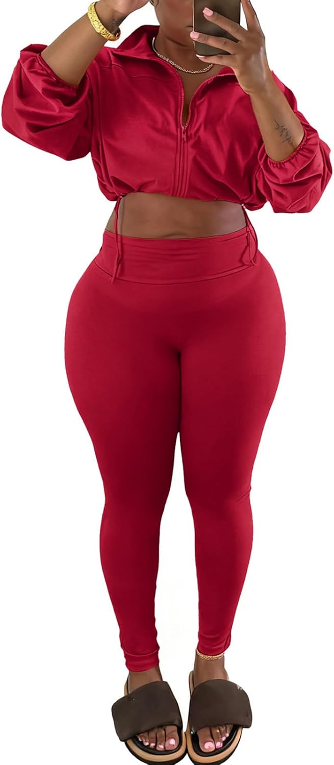 Ophestin Women 2 Piece Outfits Workout Sets Long Sleeve Zip Up Crop Jacket Bodycon Pant Tracksuit Jogging Suit - Image 2