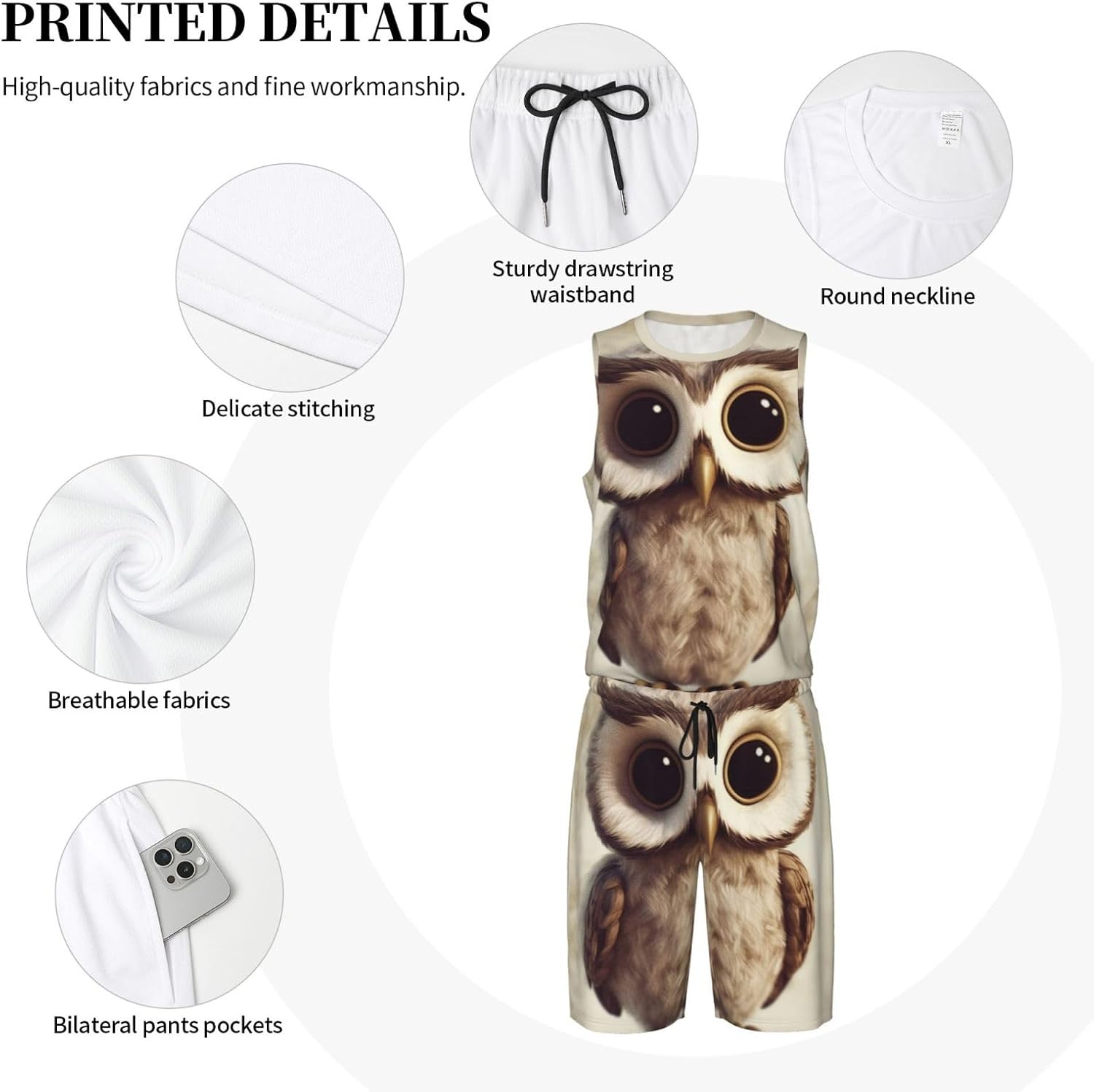 Mens Basketball Jerseys Cute Owl Uniform Suit Mesh Sports Jersey Outfits T-Shirt and Short Sets Black