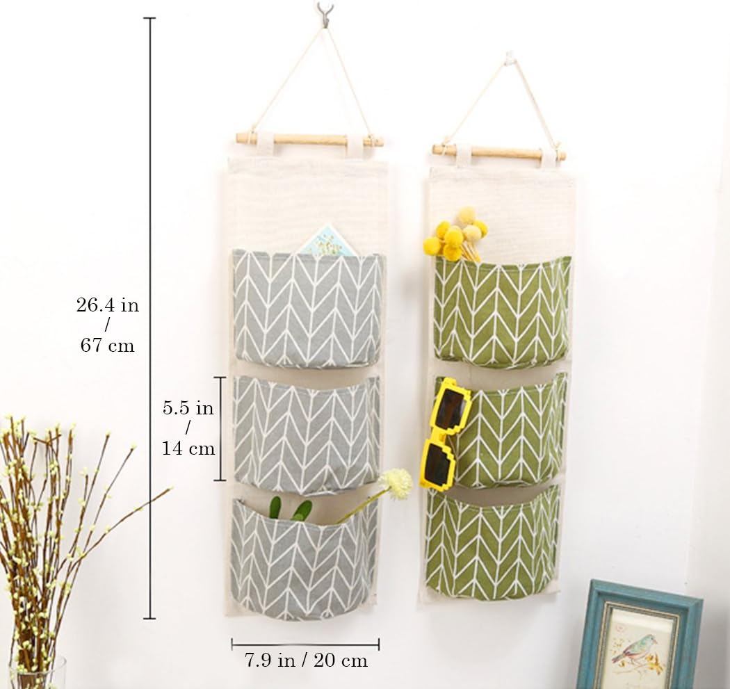 3Pcs Wall Hanging Storage Bag, Creatiee Waterproof Over The Door Closet Organizer Linen Farbric Hanging Pocket Organizer with 3 Remote-Sized Width Pockets for Bedroom