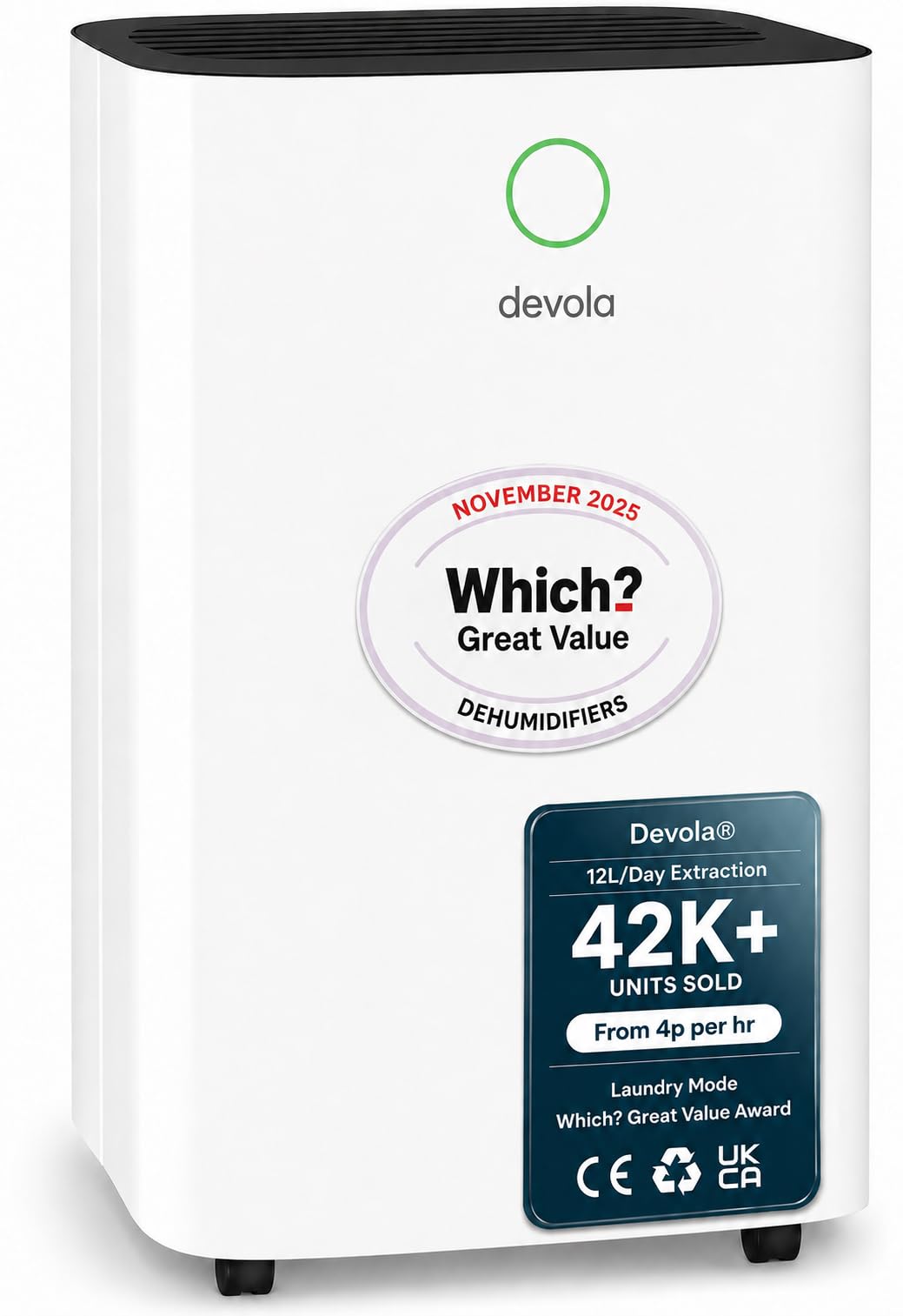 Devola 12L/day Low Energy Dehumidifier, Quiet & Energy Efficient (costs less than 5p per hour) Dehumidifiers for Home, Laundry Drying Dehumidifier, Dust Filter -WHICH? GREAT VALUE AWARD
