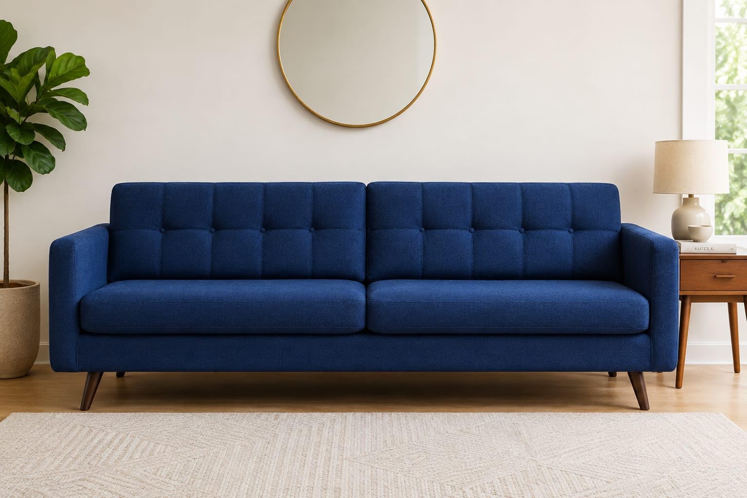 3 Seater Fabric Sofa Couch, Upholstered Living Room Sofa with Button Tufted Backrest, Comfortable Cushioned Couch with Wooden Legs for Living Room, Bedroom, Office & Lounge | Navy Blue-image-49