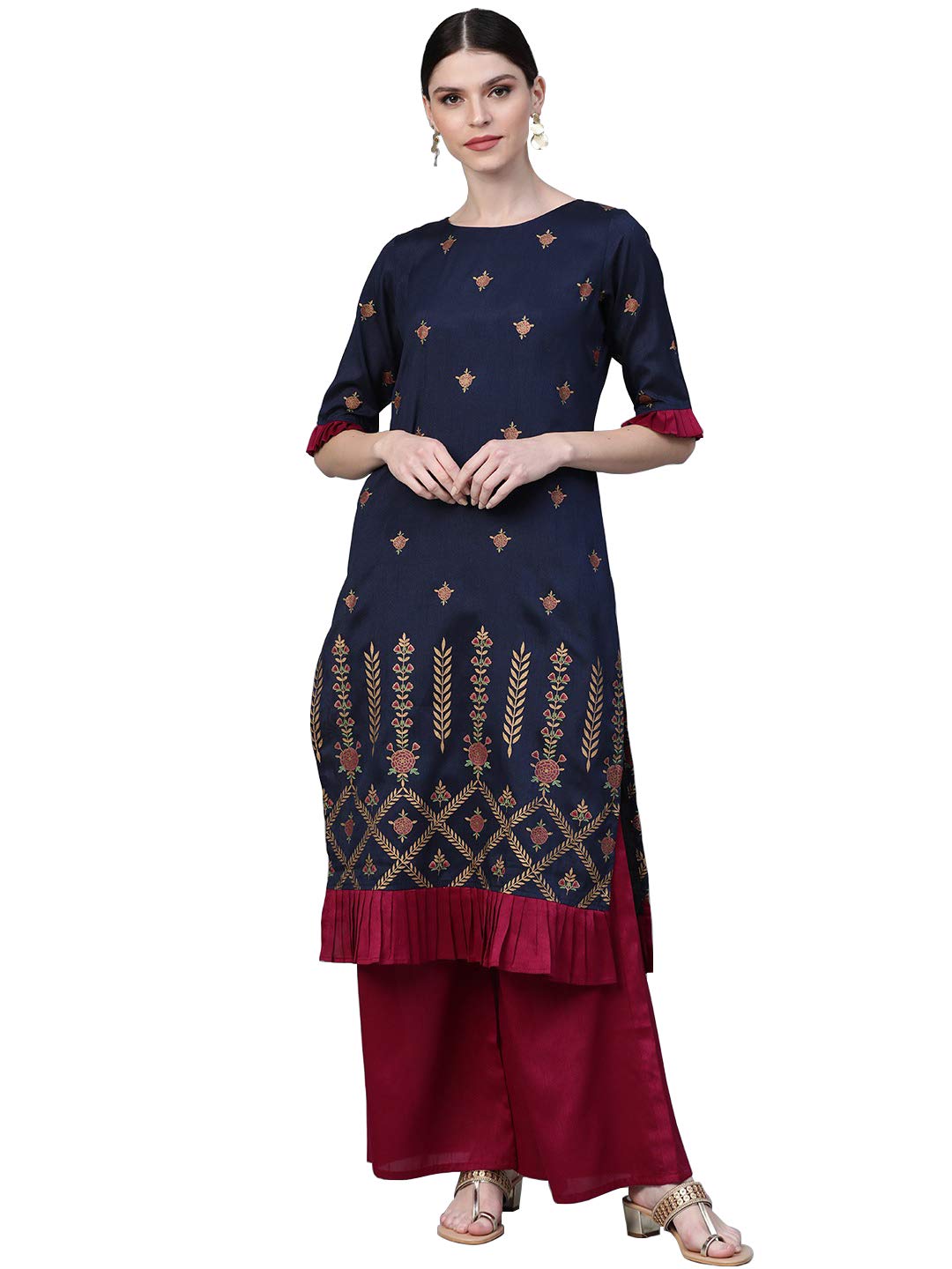 AhalyaaWomen's Blue Poly Silk Printed Kurta Palazzo Set (AHKUPZ-COMBO-284)