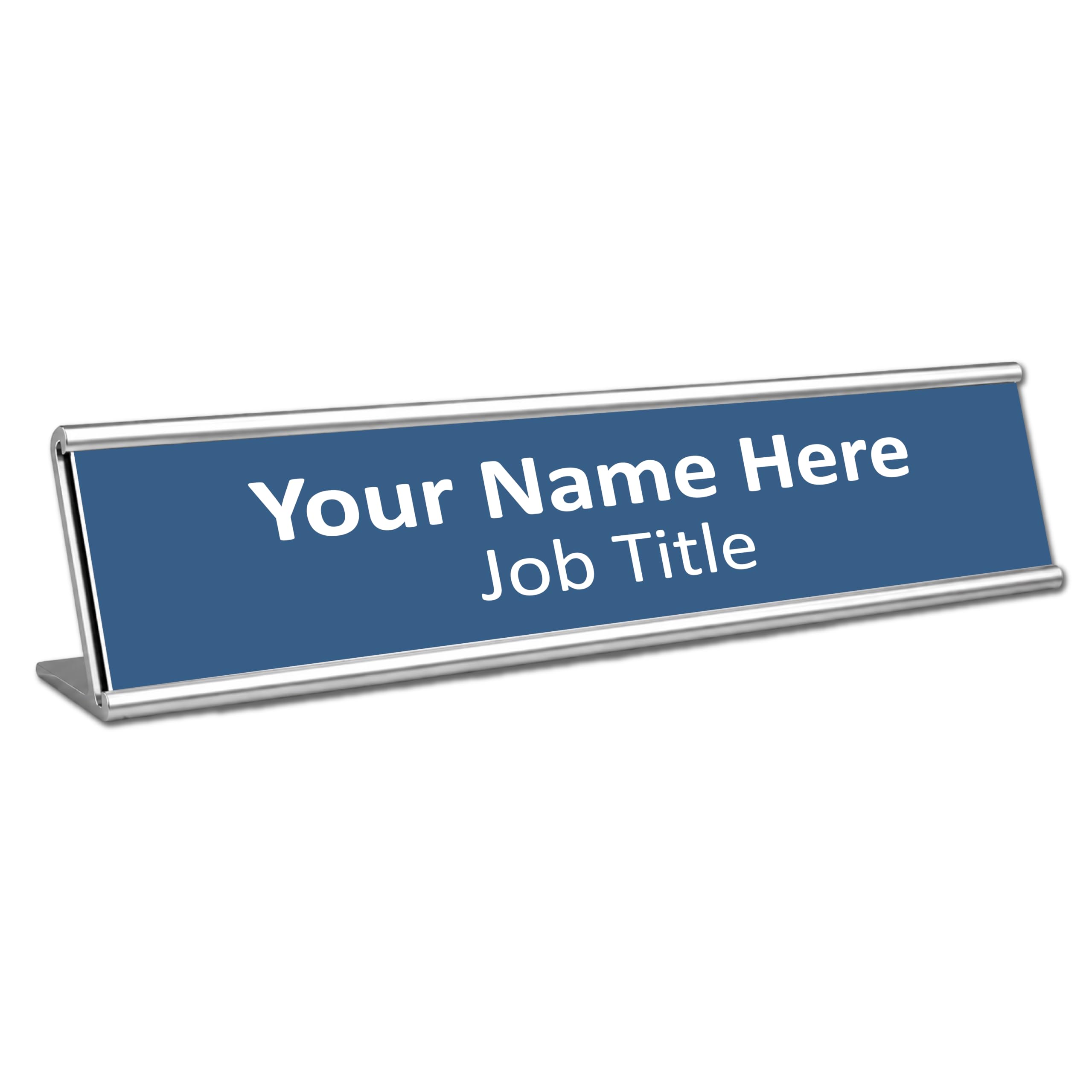 Personalised Office Desk Name Plate with Silver Aluminium Stand (Blue)