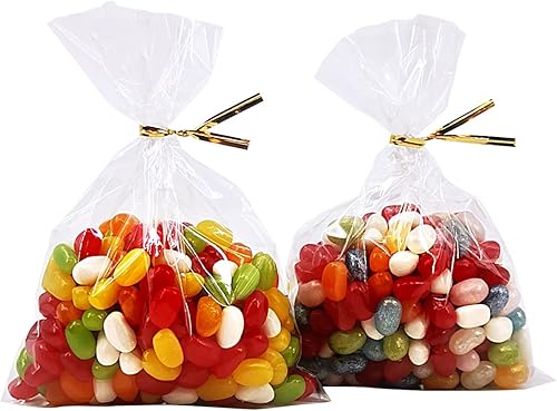 Miniatura 2 de Wowfit 100 bolsas de celofán plano transparente de 5 x 7 pulgadas con lazos dorados de 4 pulgadas, embalaje de celofán para donas, galletas, dulces