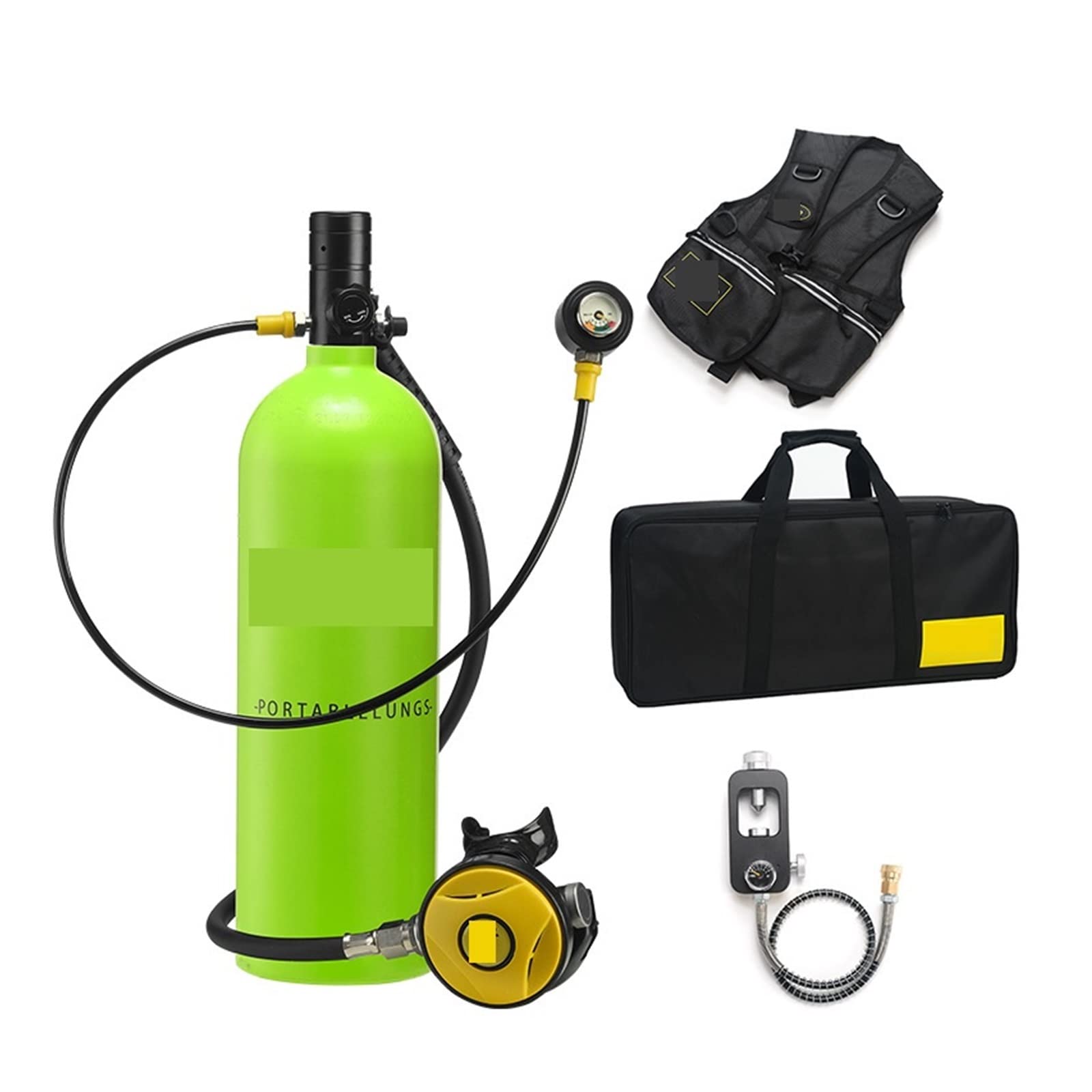 Portable Dive Cylinder, 2L Diving Snorkeling Equipment Residual Pressure Gauge(Blackhead in Green Bottle)