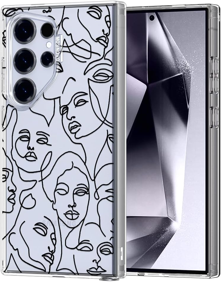 MOSNOVO Case for Samsung Galaxy S24 Ultra, [Buffertech 6.6ft Military-Grade Drop Protection] [Anti Peel Off Tech] Clear TPU Bumper Phone Case Cover Design - Abstract Face Line Art