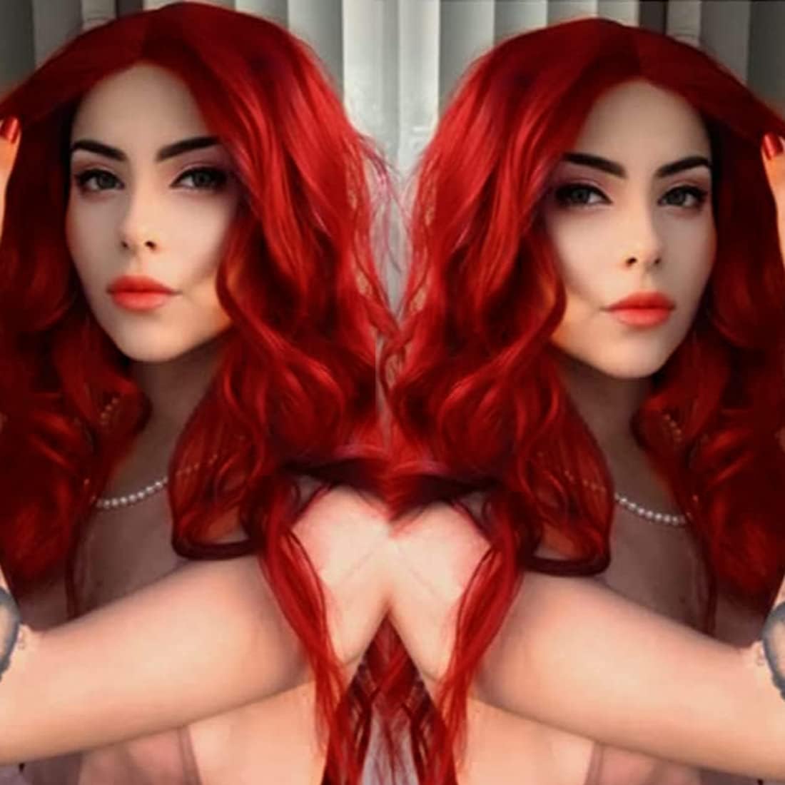 Red Lace Front Wig Long Wavy Colorful Wigs for Black Women Pastel Realistic Wig Hairline Glueless Synthetic Heat Resistant Hair Party Wig UK 24 Inch - Image 3