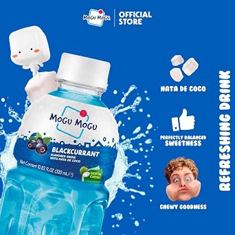 Mogu Mogu Blackcurrant Juice Drink with Nata de Coco Bold Fruit Flavor with Chewy Coconut Jelly, 10.8oz Bottles (Pack of 6) Fun-to-Drink, Juicy, and Refreshing Beverage