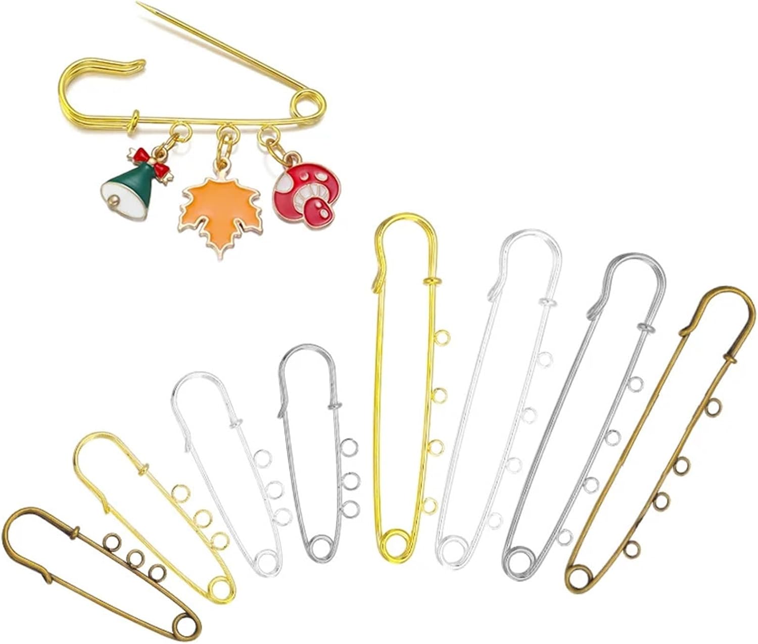 Safety Pins 50-100Pcs Iron Brooch Pins Safety Pins Blank Base Brooch Pins for DIY Crafts Ornament Making Supplies Bag Garment for Clothes, Crafts(Rhodium,90mm 10rings 50pcs)