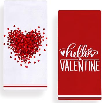 Secarond Love Hearts Stripe Hello Valentine Kitchen Towels Dish Towels, 18x28 Inch Seasonal Valentines Day Decoration Hand Towels Set of 2
