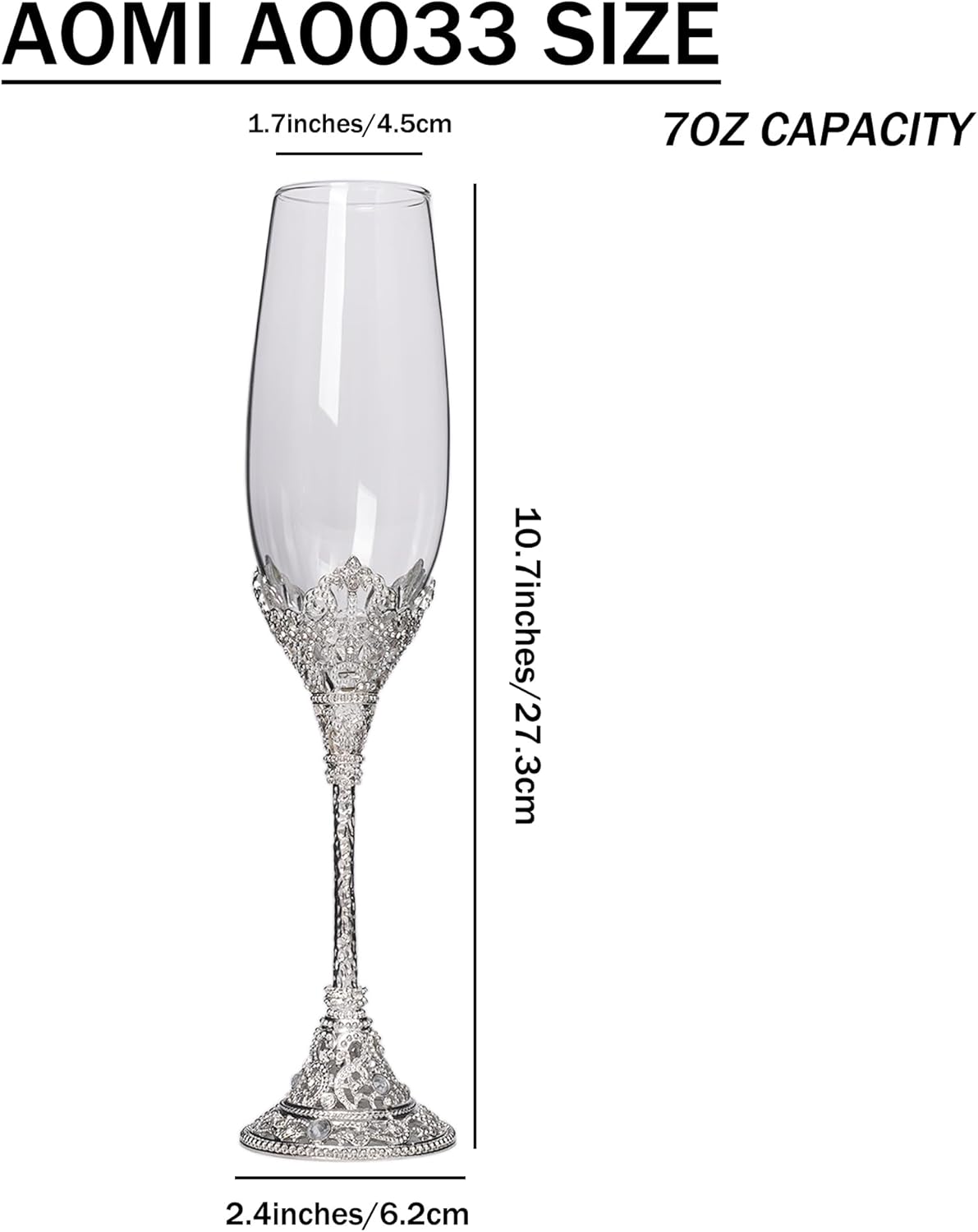 Wedding Champagne Flutes Toasting Glasses, Silver 7oz Toasting Flute Pair Crystal Metal Base with Sparkling Crystals for Wedding Anniversary Party Birthday Banquet and Gift for Bride Groom Giftboxed