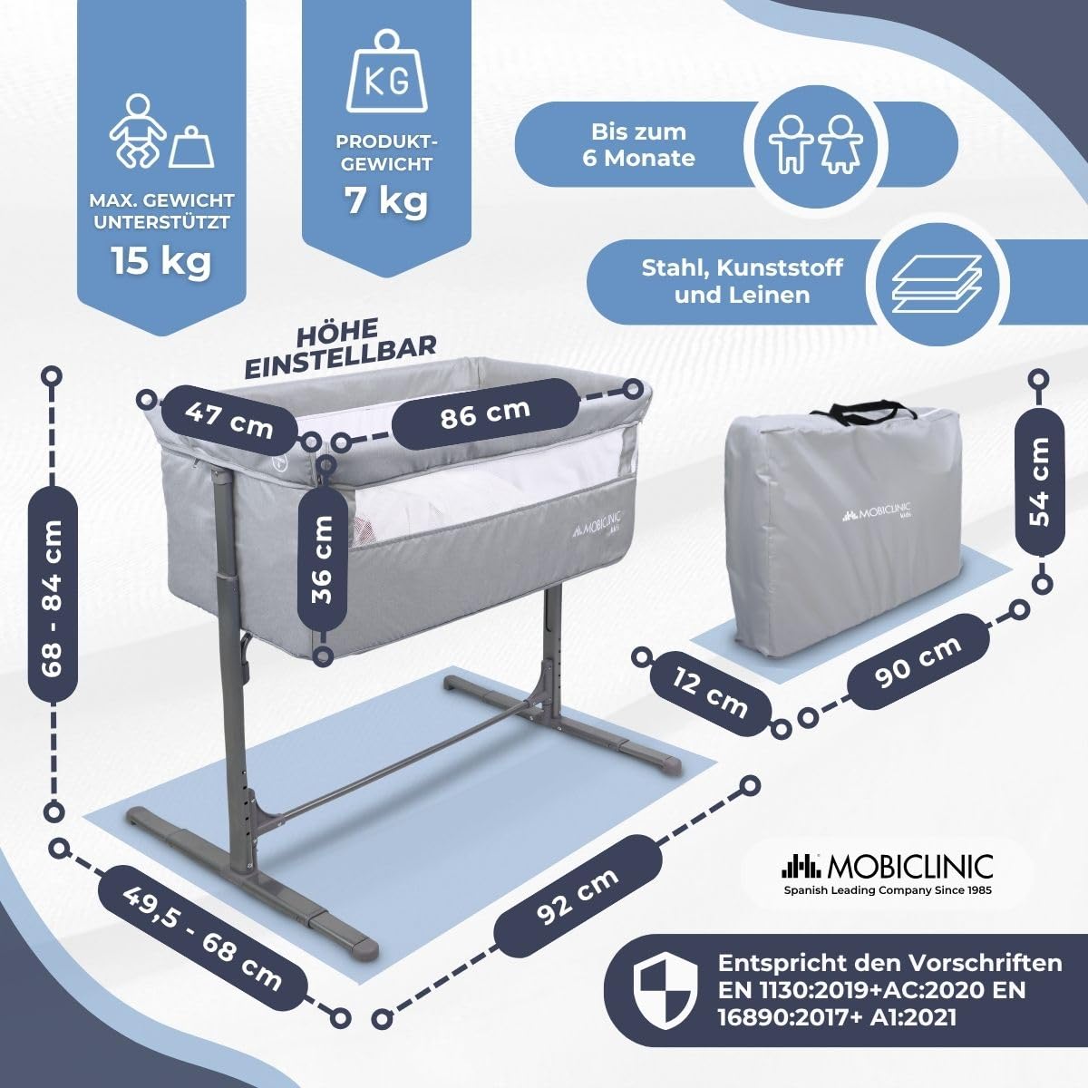 Mobiclinic Beistellbett Baby 2 in 1 mit Bettbefestigungssystem, 5-stufig verstellbar, inklusive Räder