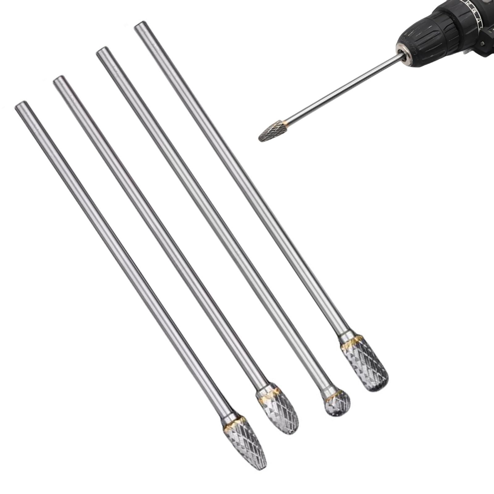 4Pcs Carbide Burr Set, Tungsten Die Grinder Bits, 145-154mm Extra Long Wood Carving Bits, 1/4" Shank Engraving Bits, Rotary Tool Bits for Metal Wood Mould Engraving, Polishing,Deburring