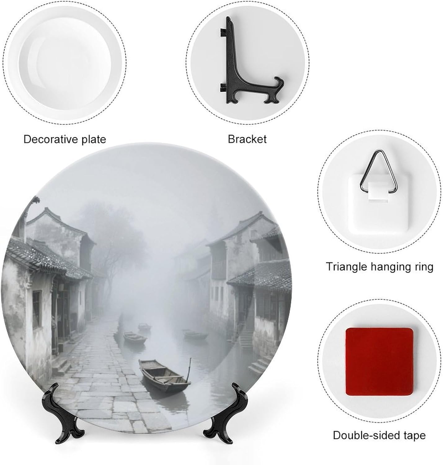 Bone China Decorative Plates Ancient Town in The Morning Mist Ceramic Decorative Plate Wall Decor with Display Stand Ceramic Ornaments for Wall Hanging Decoration