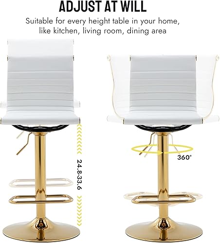 Miniatura 17 de Taburetes de bar de metal, sillas de bar de altura ajustable, taburete moderno de piel sintética blanca sin brazos con base cromada para isla de