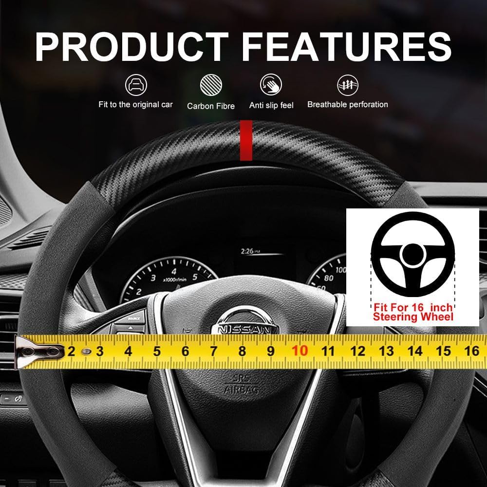 Suede Carbon Fiber Steering Wheel Cover, Compatible with Toyota 4Runner Sequoia Tacoma Tundra Sienna 16 inch Soft Suede Touch Leather Sport Non-Slip Automotive Interior Accessories