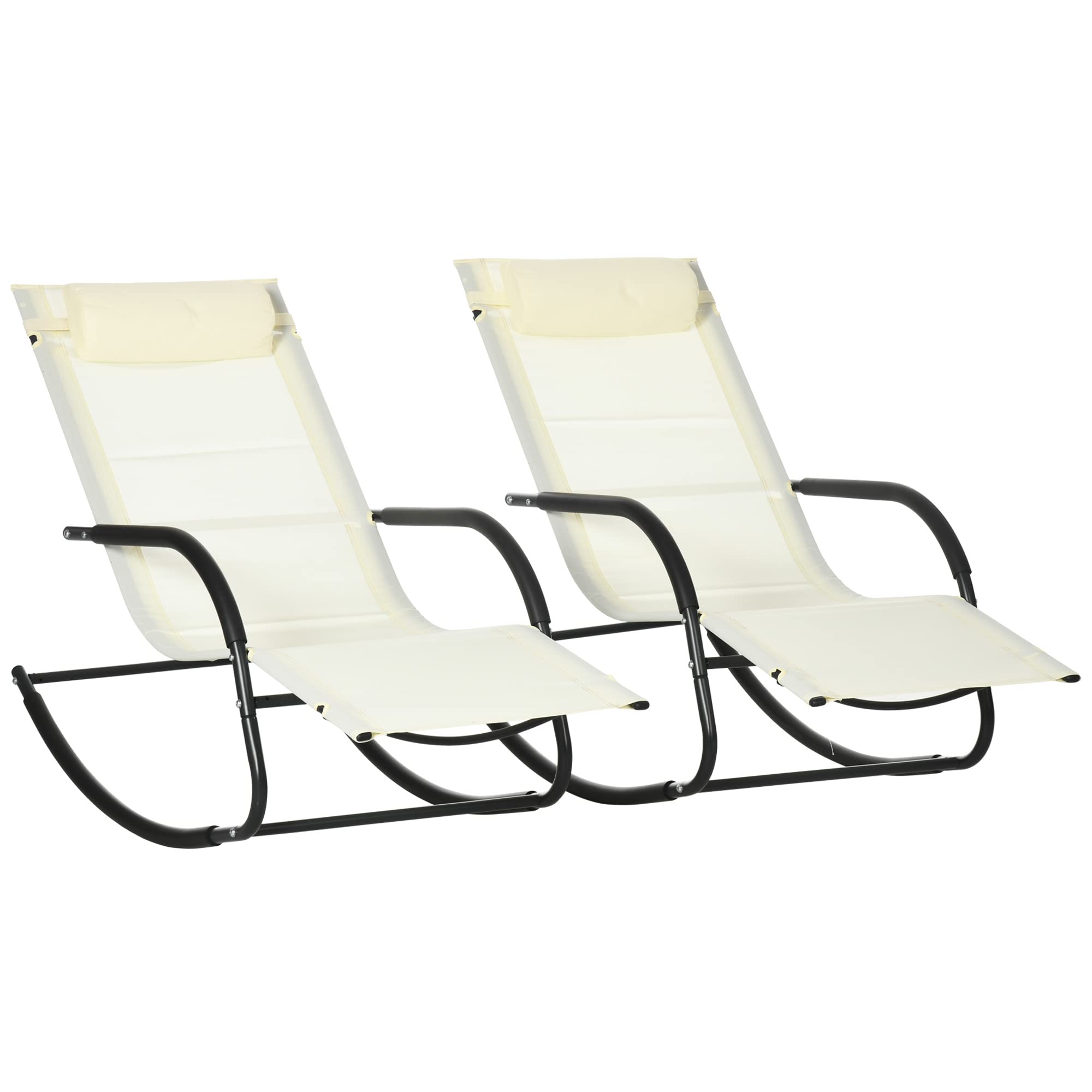 Outsunny Set di 2 Sdraio a Dondolo da Giardino in Acciaio con Braccioli e Poggiatesta staccabile, 67x144x87 cm, Grigio Scuro e Beige