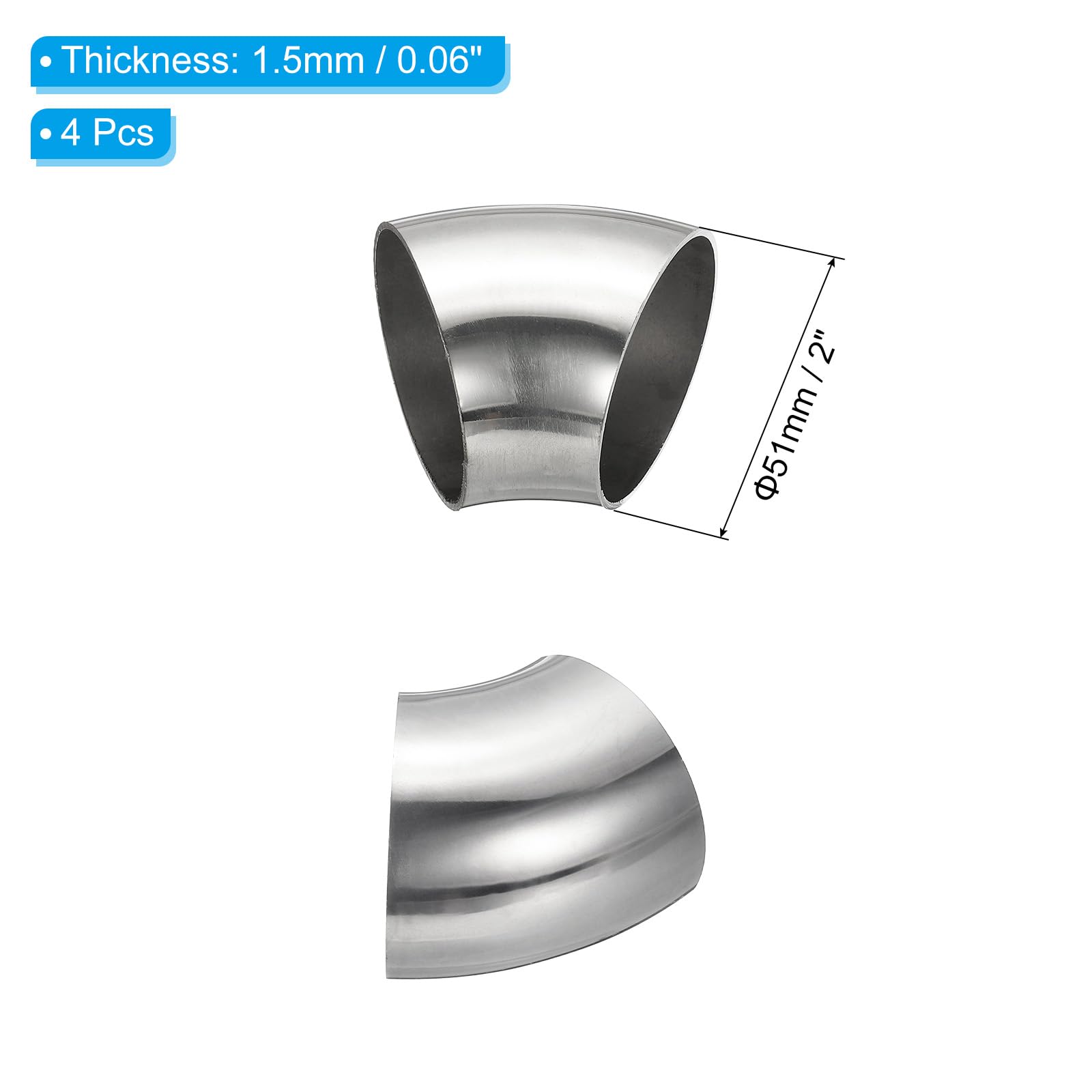 PATIKIL 4 Piezas Codo Curvado Sobre Mandril 45 Grados, Tubo Escape Acero 51 Mm Diámetro Exterior Conector Tubo Escape Acero Inoxidable 304 Para Barandillas Escalera HVAC