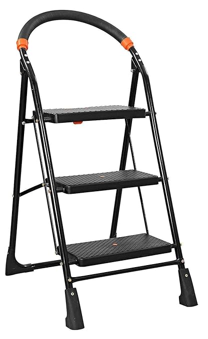 ZOSHOMI Milano 3 Steps Ladder with Wide Step (Black, Medium)