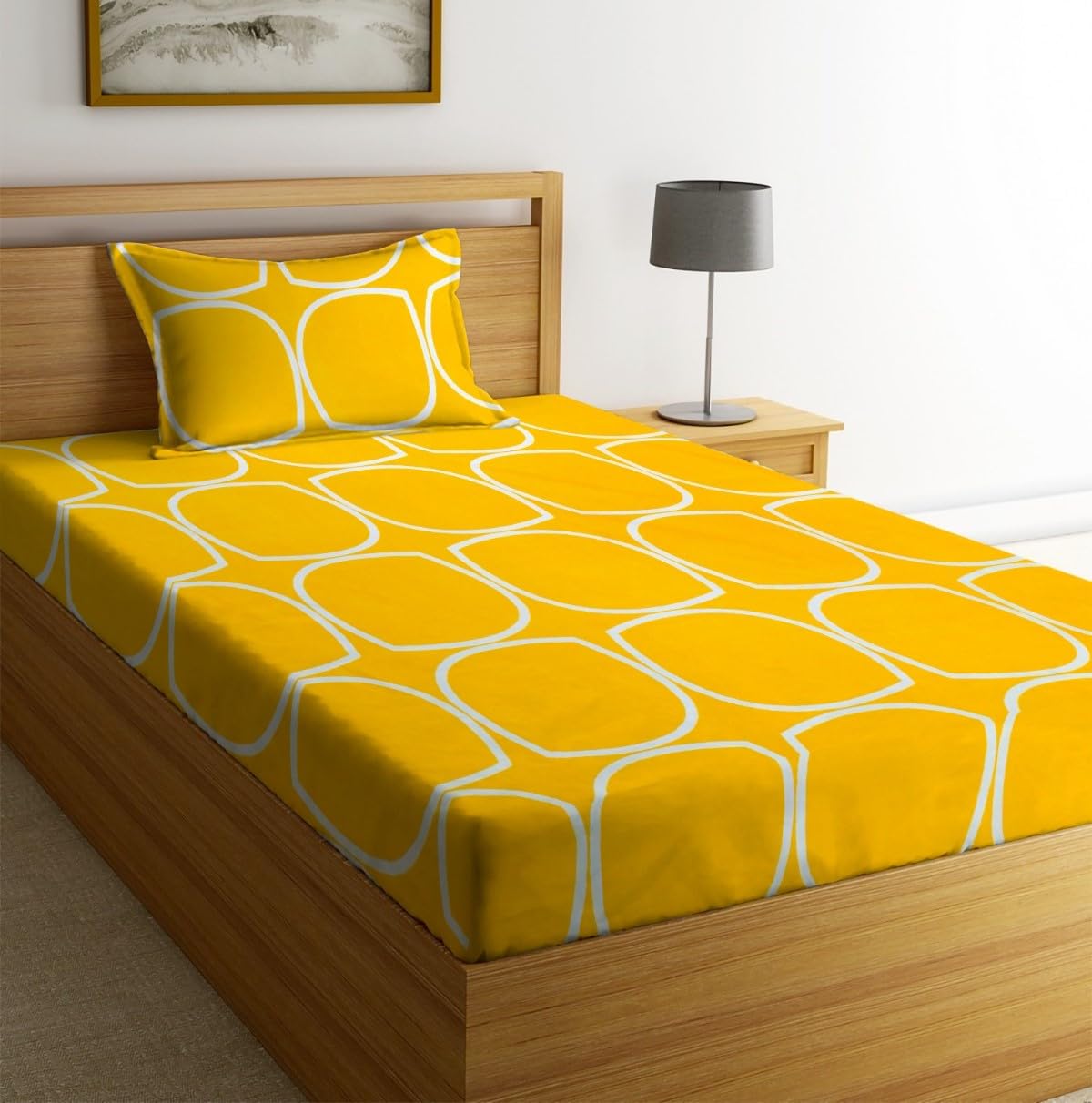 la’ amour Pure Cotton 220tc Flat Single Bedsheets for Summer Breathable | Wrinklefree Super Soft (Size-60 X 90 Inch or 228×152 cm) with 1 Pillow Covers (Size-17 X 27 Inches,Oval Print Yellow & White)| TC – 220
