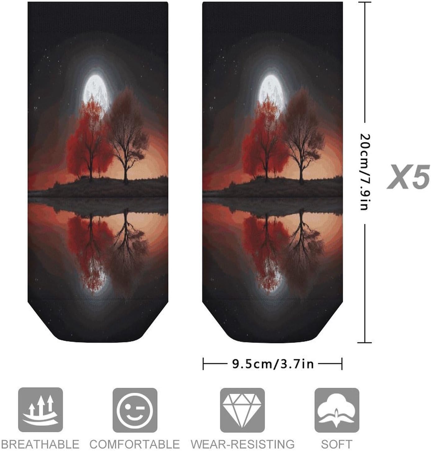 Red Tree Lake Moon Ankle Sock for Men Women,Stocking Moisture-wicking, Grippy Socks for All-Day Comfort,5 Pairs