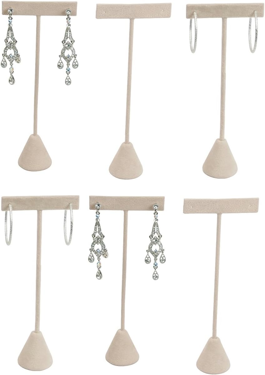 N’icePackaging 6-Pack 6.75" Tall – Beige Faux-Suede Free-Standing Earring T-Stand Display – T-Shape For Business Home Sales Showroom and Tradeshow – Pre-drilled