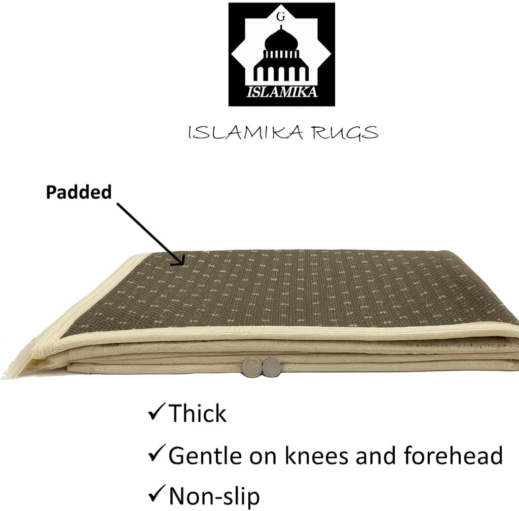 Prayer Rug Muslim Mat Islamic - Thick Large Padded Sajadah with Islam Prayer Beads for Eid Travel Ramadan, Soft Luxury Great for Knees and Forehead (Beige)