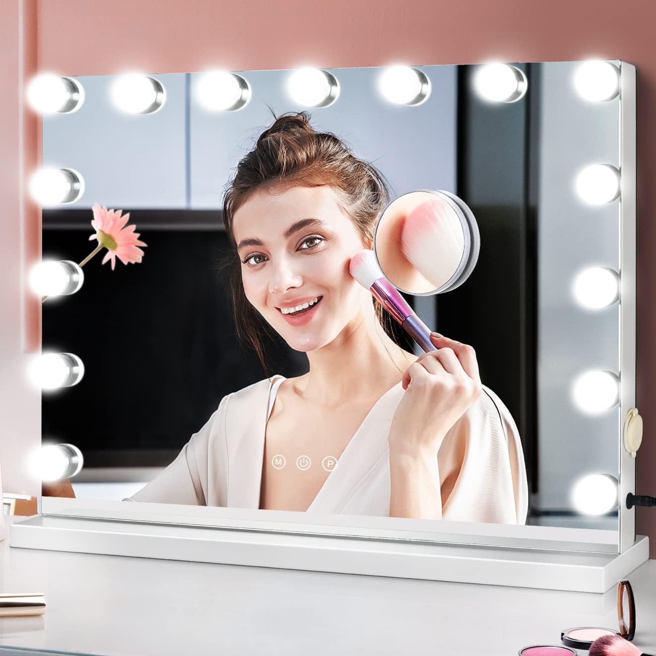 Vanity Mirror with Lights, Large Hollywood Lighted Makeup Mirror 15 LED Bulbs 3 Lighting Modes,2in1 Mirror for Desk and Wall Plug-in and USB Charger
