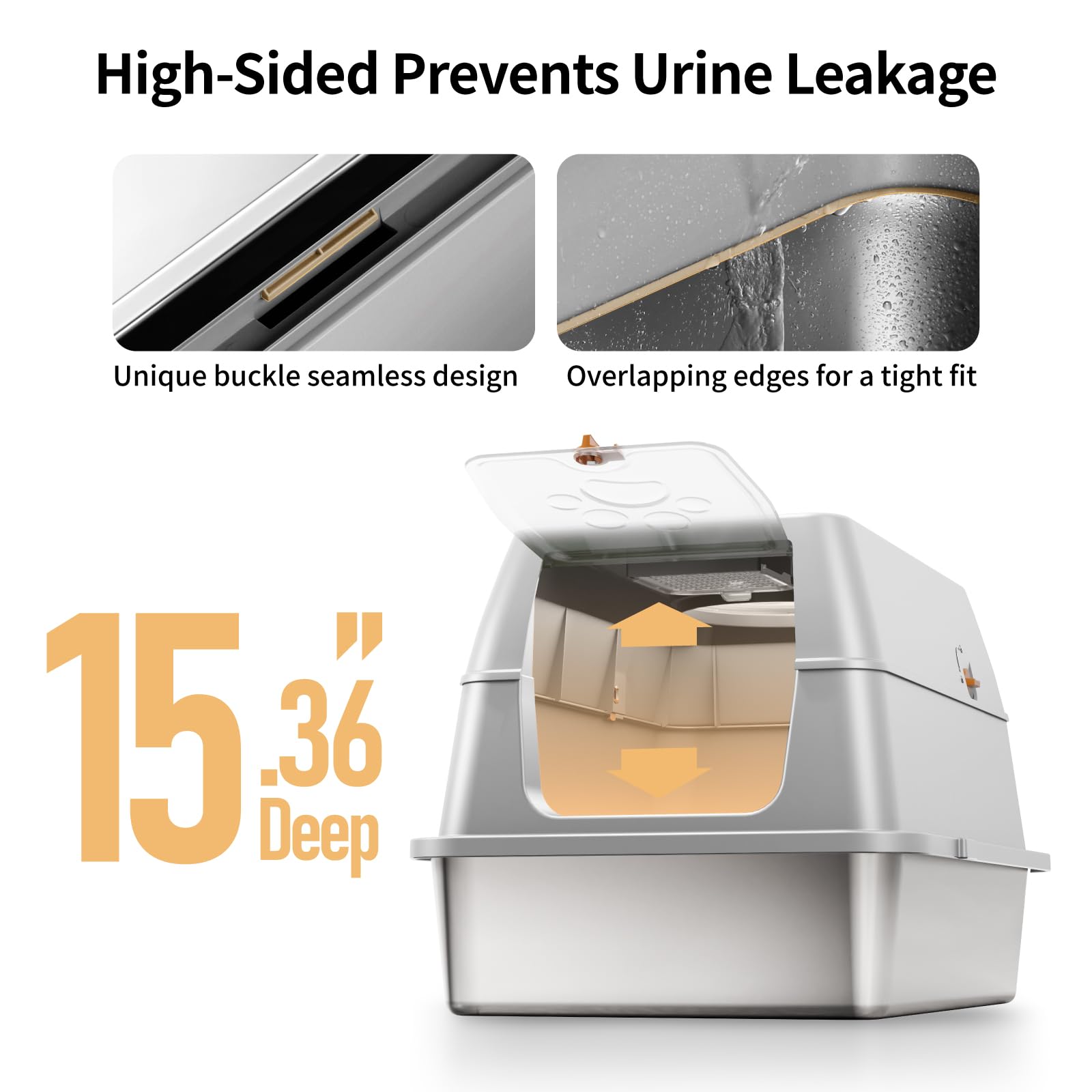 Stainless Steel Cat Litter Box with Lid, XL Large Enclosed High Sided Litter Box with Removable Lid, Carbon Filters -Odor Free, Easy Cleaning, Anti-Urine Leakage for Big Cats/Multiples-Grey