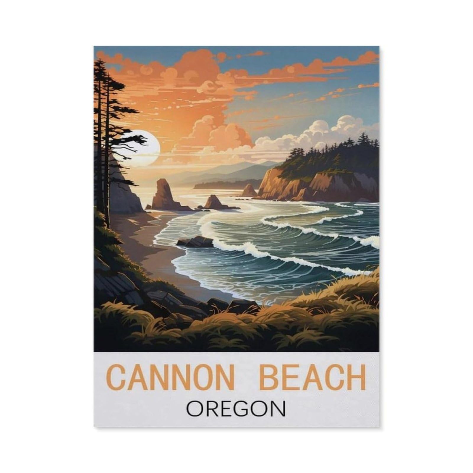 BEAYODKP 5D DIY Diamond Painting，Cannon Beach Oregon Vintage Travel Posters，Art Living Room Wall Decoration Gift（30 x 40 cm/11.81 x 15.74 inches）-CP47