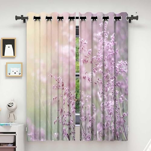 Cortinas moradas para habitación opacas, cortina de armario con flores de lavanda para cortinas de armario abiertas, 63 pulgadas de ancho por 80