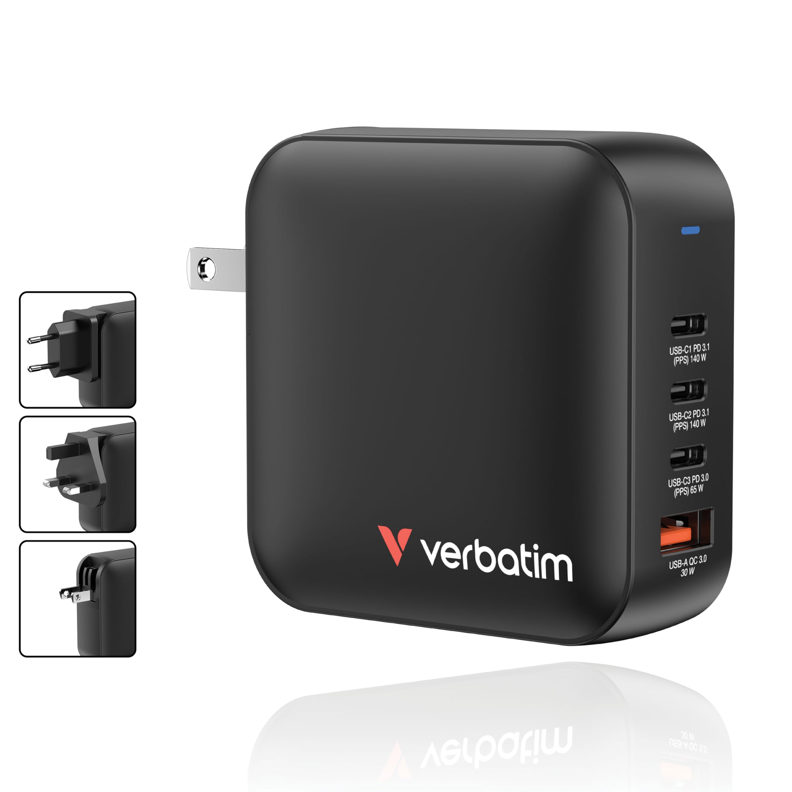 Verbatim Mini GaN Charger Adapter podróżny 165 W 1x USB-A, 3X USB-C® Power Delivery, USB PD 3.1, QC 3.0 Czarny Ładowanie