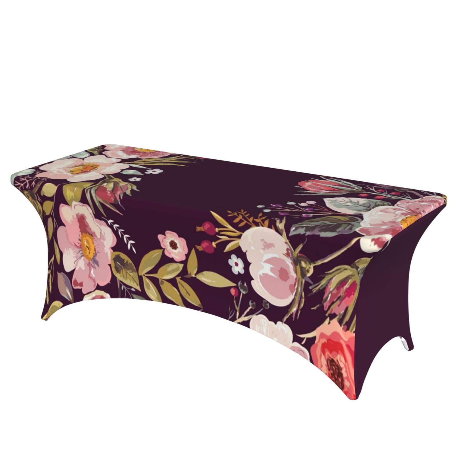DCEHGEW 6FT Spandex Rectangular Table Cloth, Floral Printed Fitted Elastic Tablecloths Washable Table Cover for Event, Wedding, Banquet & Party