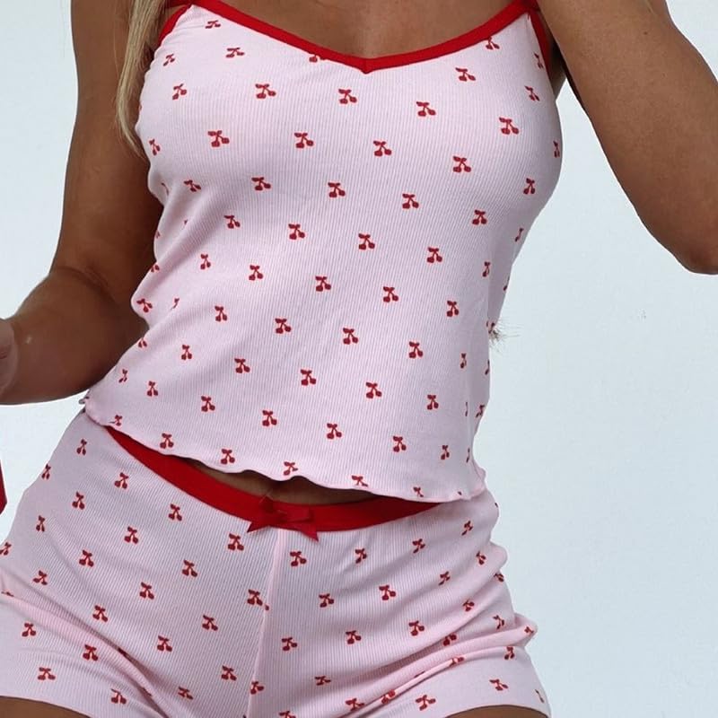 Image of Womens Y2K Cute Print Cami Pajama Sets Lace Trim V Neck Tank Top Shorts Set Bow Heart Print 2 Piece Sleepwear