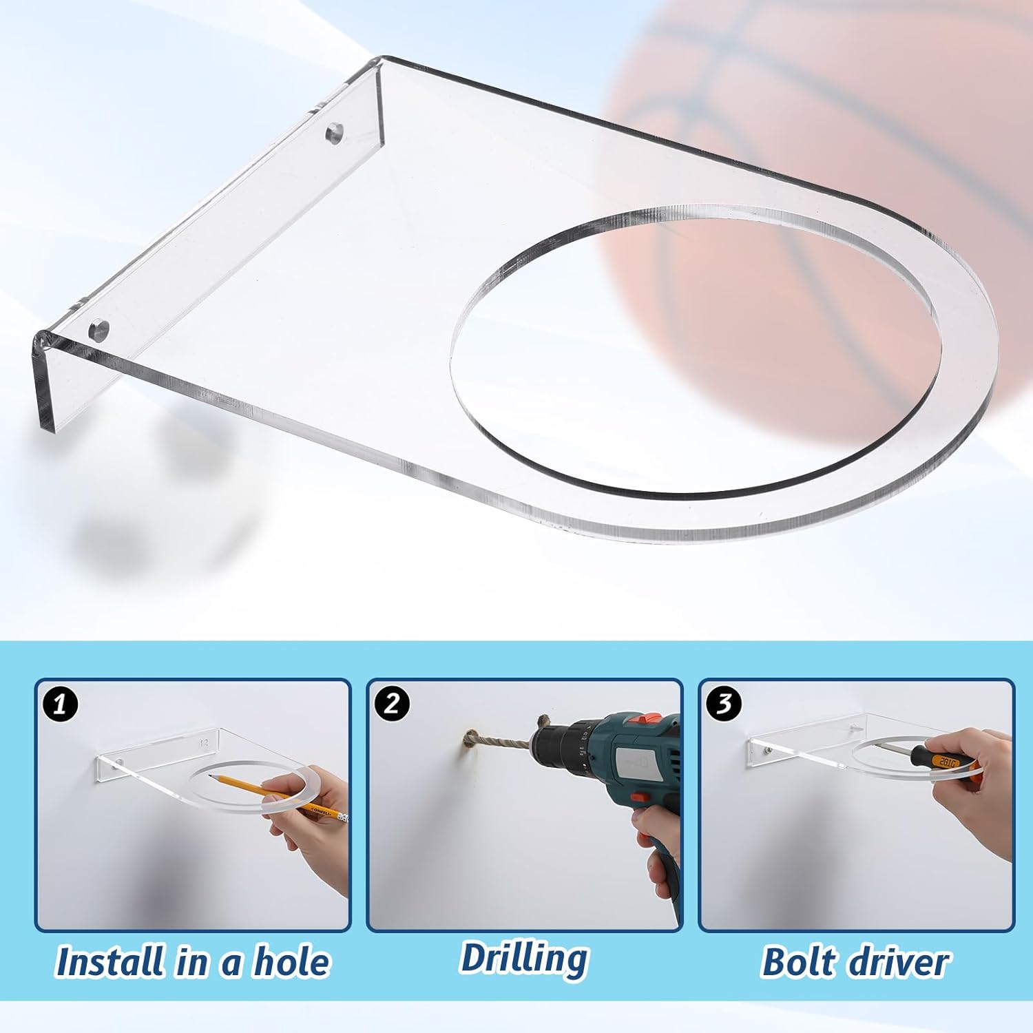 Acrylic Ball Holder Wall Mount Clear Basketball Football Display Rack Heavy-Duty 0.22" Thick Ball Storage Hangers for Soccer Volleyball Rugby Wall Mounted Sport Basketball Organizer