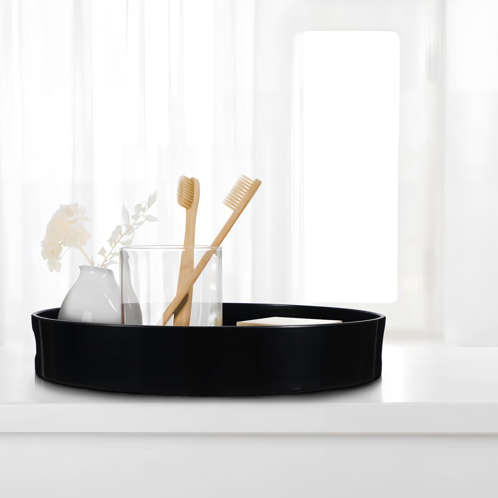 Bandeja Redonda Decorativa Adecuado para Decoración de Plástico Negra con Asas Diseño Elegante y Sencillo para Servir Aperitivos Hogar