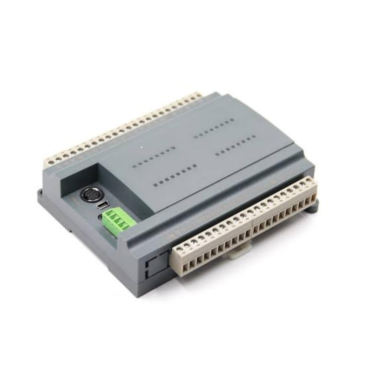 มุม view of Coolmay MX3G-32MRT PLC Module, showing its compact design and side connectors.