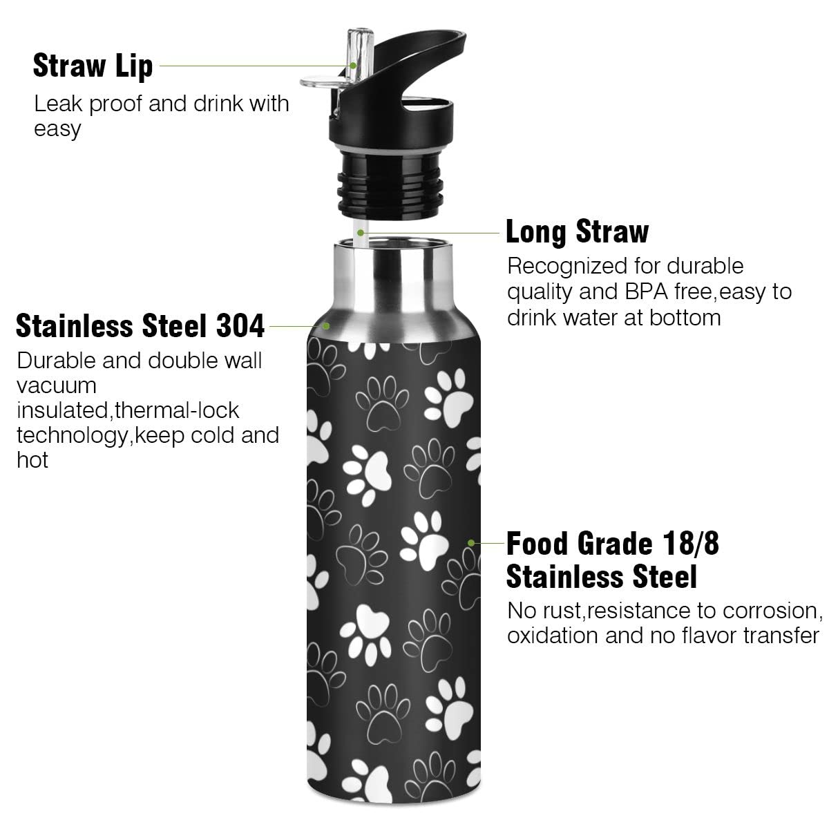 Edelstahl Wasserflasche mit Strohhalm, Pfotenabdruck isolierte Trinkflasche Sport Wasserflasche für Kinder Erwachsene, auslaufsicher, 1L