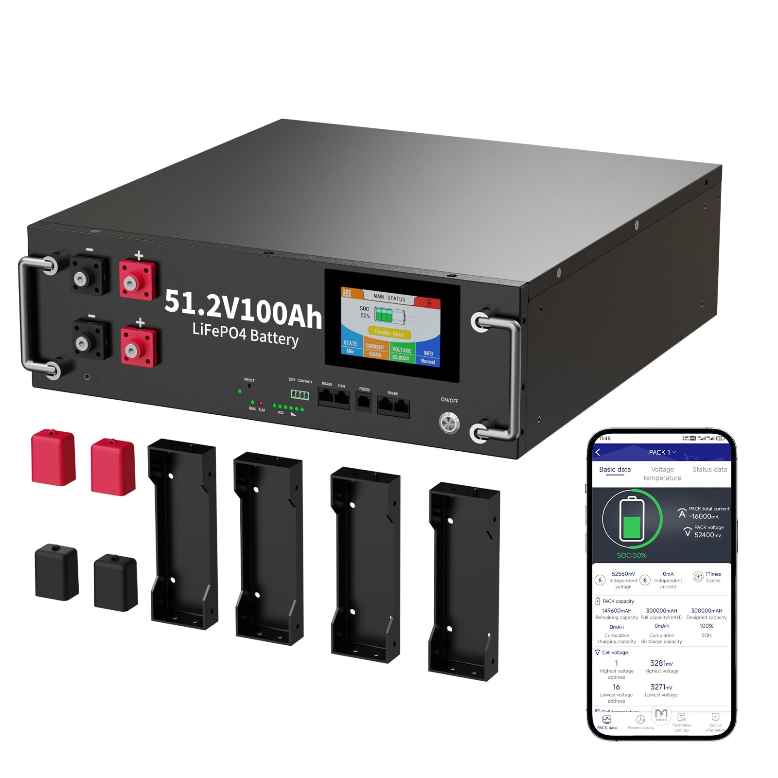 Akumulator litowy LiFePO4 48V 100Ah, szafka akumulatorowa LiFePO4 48 V, pojemność 5 kWh, inteligentny wyświetlacz, interfejs CAN i RS485, idealny do kamperów, falowników słonecznych, fotowoltaicznych