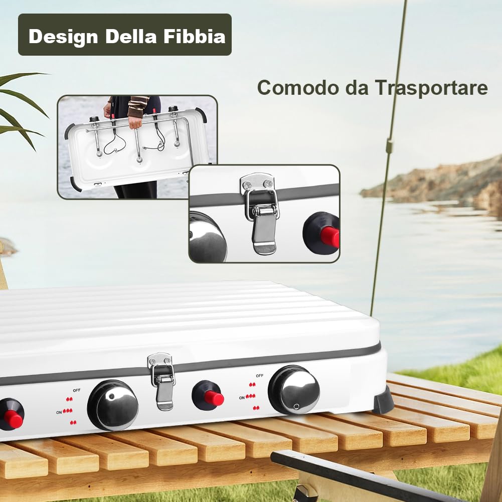 Fornello da Campeggio a Gas 3 Fuochi, 5,4 kW Cucina a Gas-GPL Portatile con Accensione Piezoelettrica, Coperchio Antivento, Fornelli da Campeggio per Camper, Gite all'Aperto ed Escursioni