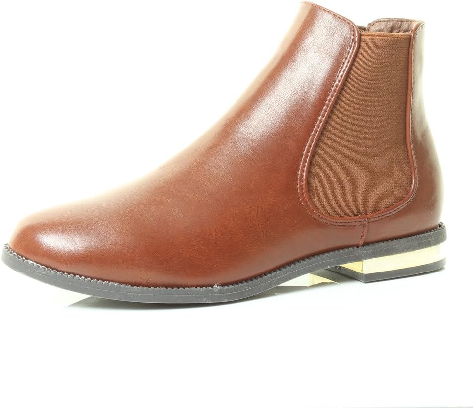 Womens Flat Gold Trim Chelsea Ankle Boots Elastic Gusset Pull On Black Brown Shoes Sizes 3 4 5 6 7 8