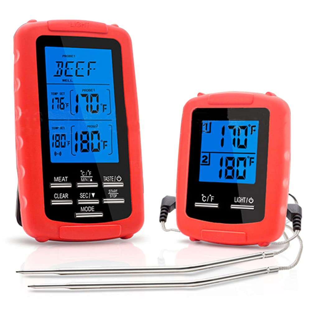 Domary Termometro per Carne Wireless a Doppia Sonda Ideale per Barbecue e Termometro Digitale Impermeabile Uso Esterno Rosso e Grigio 2 Pezzi