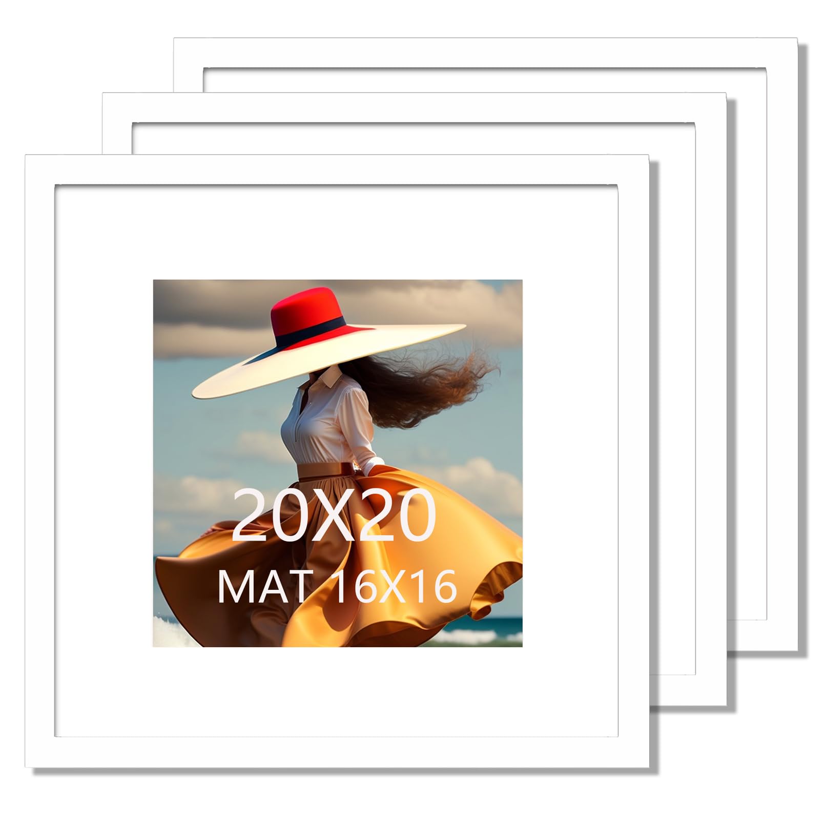 20x20 Picture Frame 3 Pack White Solid Wood for Mat 16x16 Wall Mounting Square Poster Frames