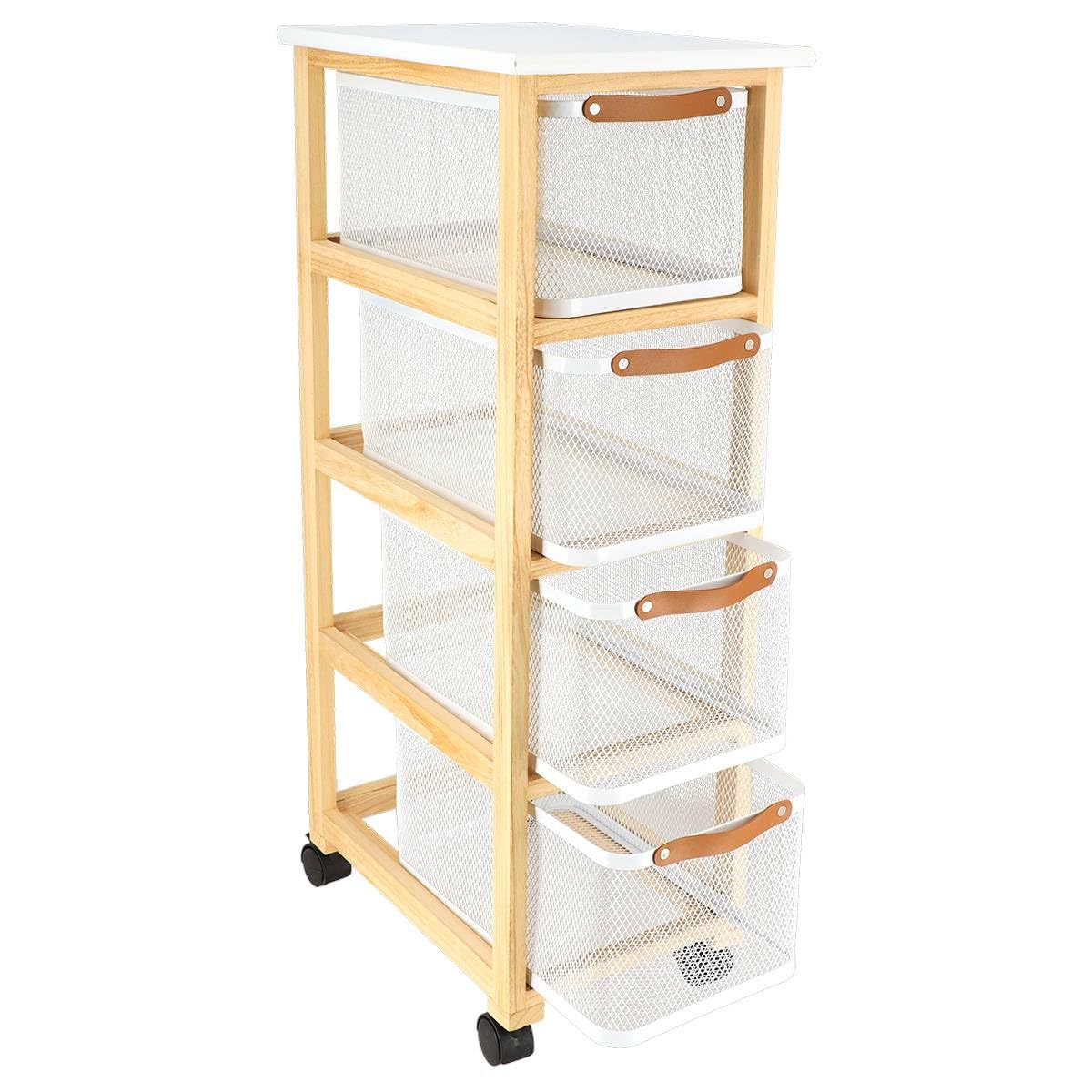 Tendance - Meuble rectangulaire bois sur roulettes 4 paniers metal - blanc/naturel