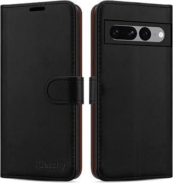 iCatchy for Google Pixel 7 Pro Case Leather Wallet Book Flip Folio Stand View Cover with Card Slots and Kickstand for Google Pixel 7 Pro Phone Cover Black