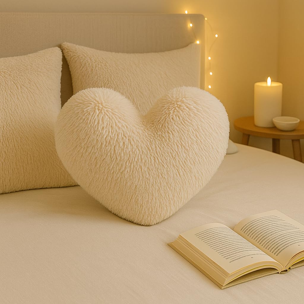 Bella Nights Cream Teddy Cuddles 3D Heart Shaped Fleece Cushion – Soft Warm & Cozy Filled Pillow – 100% Polyester Teddy Bear Fleece – Comfortable Home Decor Cushion – 38 X 38Cm (Cream)
