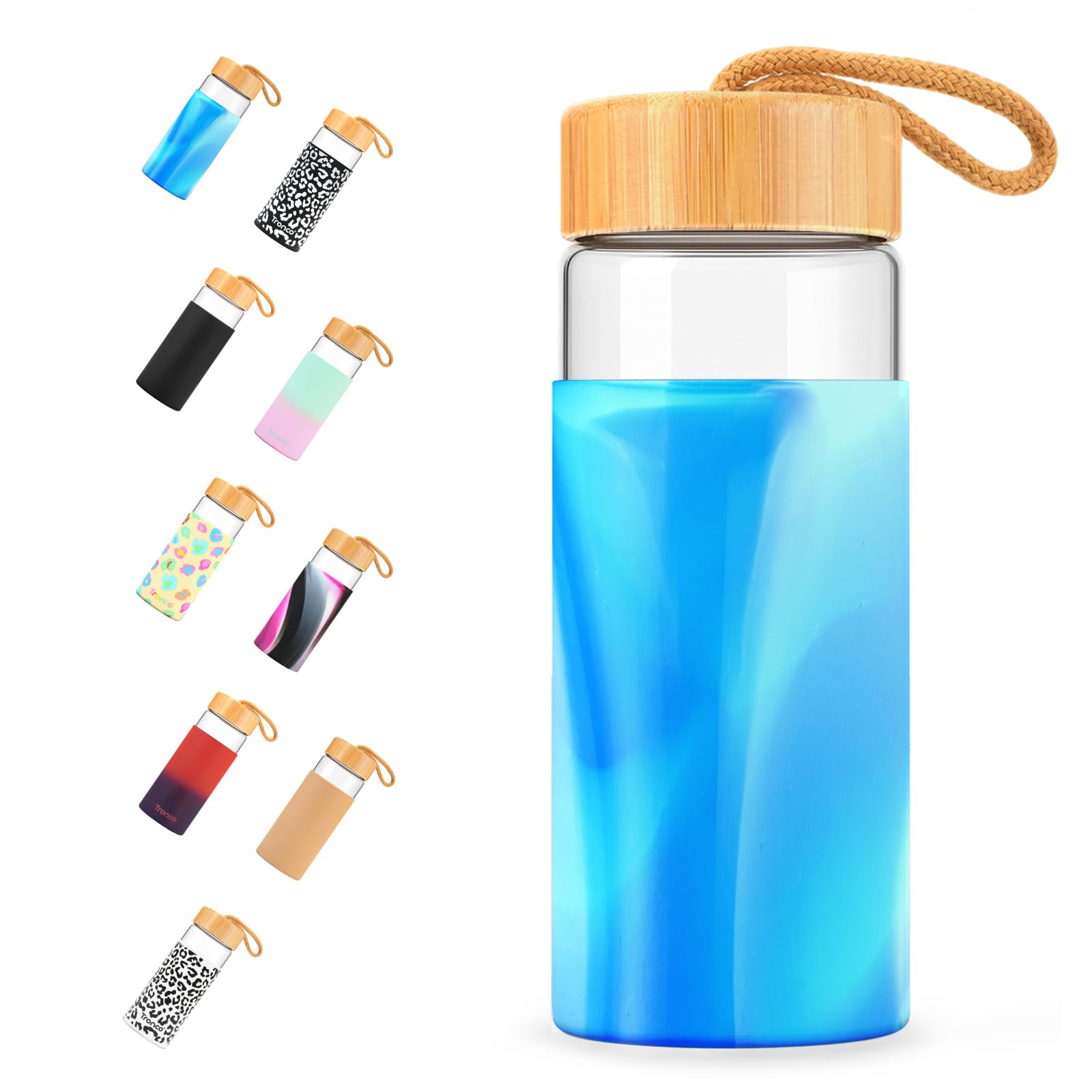 Tronco 20 oz Glass Water Bottles with Lids, Reusable Borosilicate Glass Bottles with Bamboo Lid & Non-Slip Silicone Sleeve for Gym, Hiking, Men and