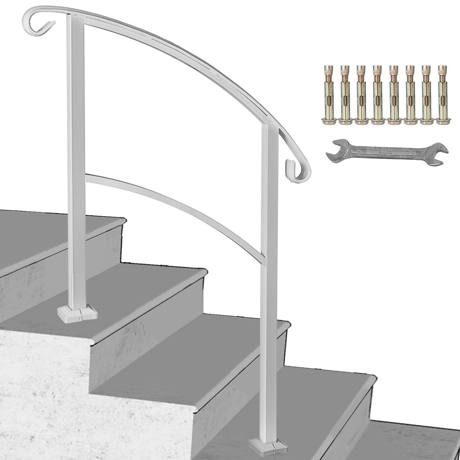 Rampe d'escalier blanche réglable en fer forgé pour marches extérieures de maison
