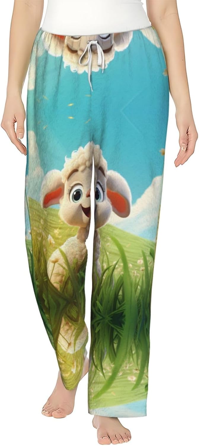 Cute Cartoon Sheep Print Cozy Flannel Pajama Pants For Women,Warm Christmas Pj Pants,Cute Fleece Pajamas