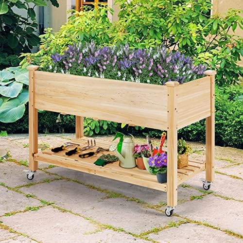 TANGZON Wooden Raised Garden Bed, Mobile Outdoor Planter with Wheels, Protective Liner and Bottom Shelf, Elevated Planter Box for Vegetables, Flowers, Herbs & Fruits, 120 x 59 x 84cm